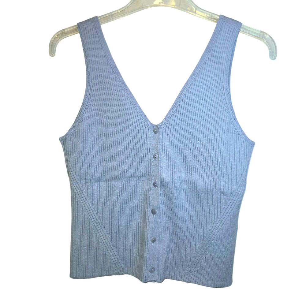 MADEWELL Cate Signature Ribbed Button Front Sweater Tank Sz Large Blue Cropped - Picture 5 of 13